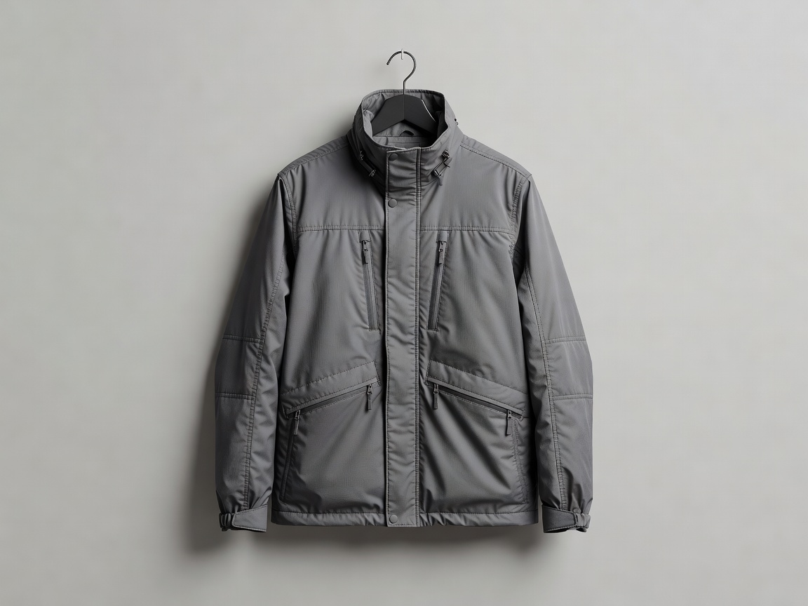 A recycled-polyester technical jacket hanging against a plain studio wall.