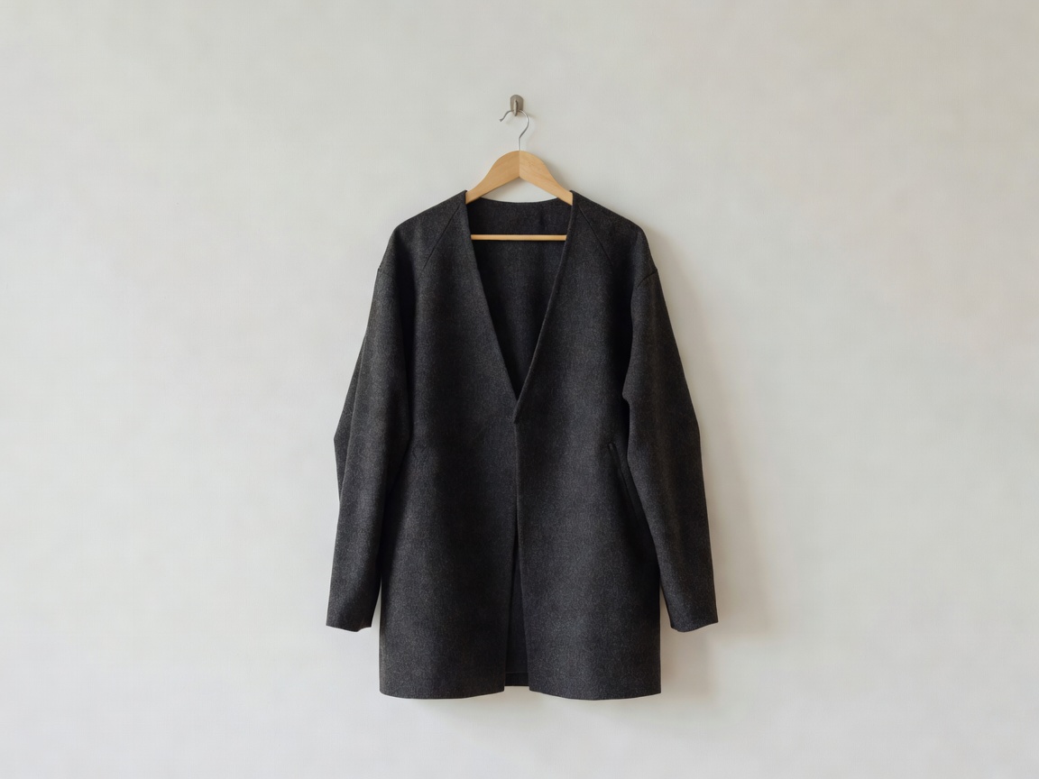 A relaxed-fit charcoal wool coat on a wooden hanger against an off-white wall.