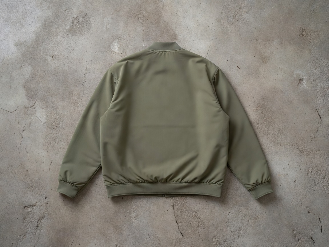 An oversized minimalist bomber jacket in muted olive laid flat on a concrete floor.