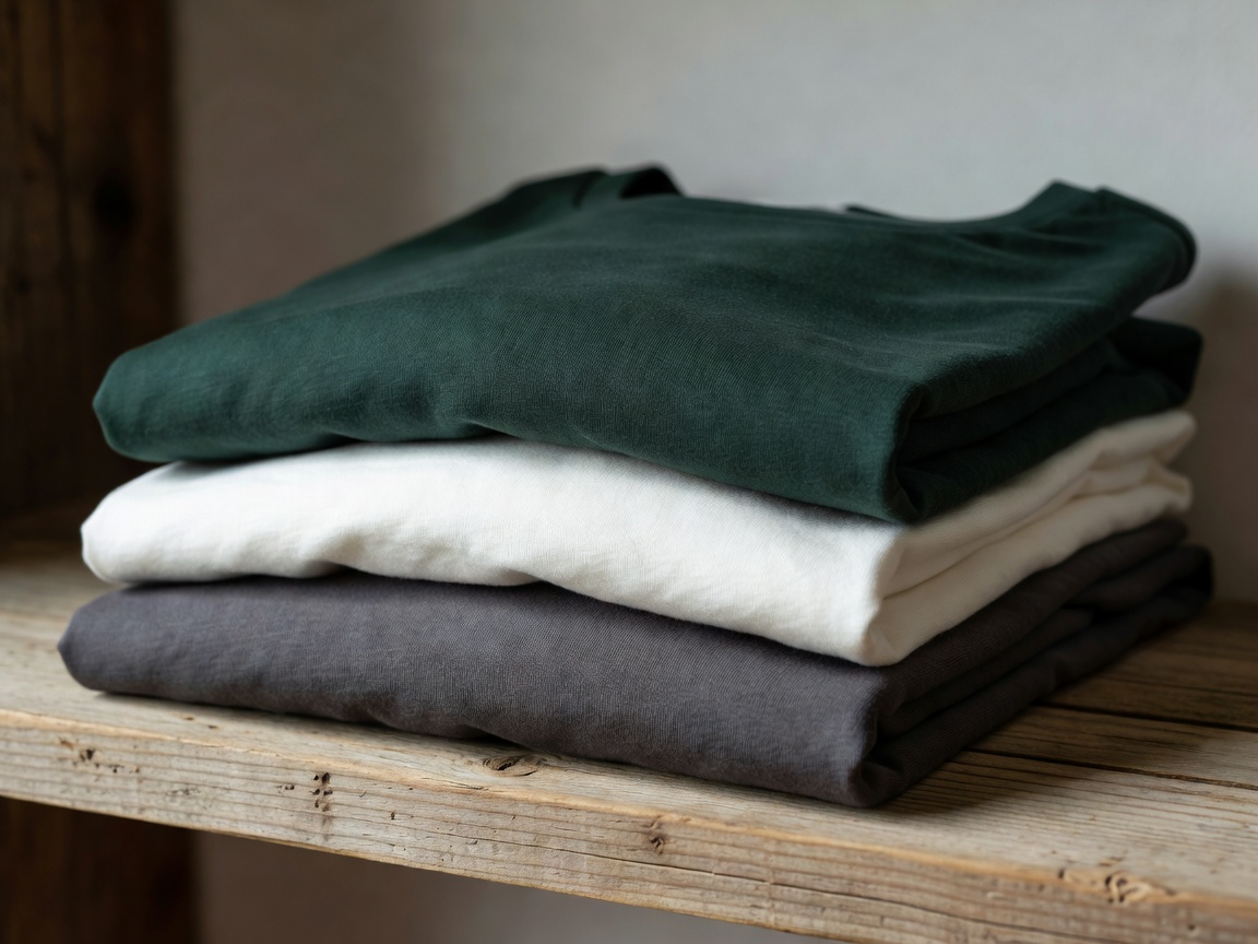 Folded organic cotton T-shirts in muted charcoal, off-white and forest green, stacked on a wooden shelf.