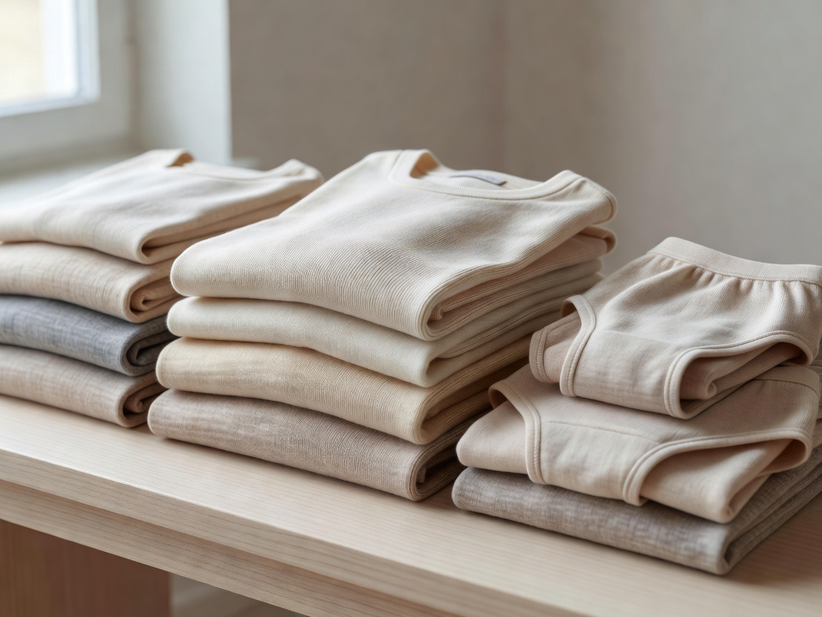 Neatly folded merino wool base layers and underwear in natural undyed tones.